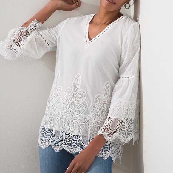 Chicos Sz 0 US 4/6 White Cotton V-Neck Bell Sleeves Embroidered Lace Cutout Top - Picture 1 of 10